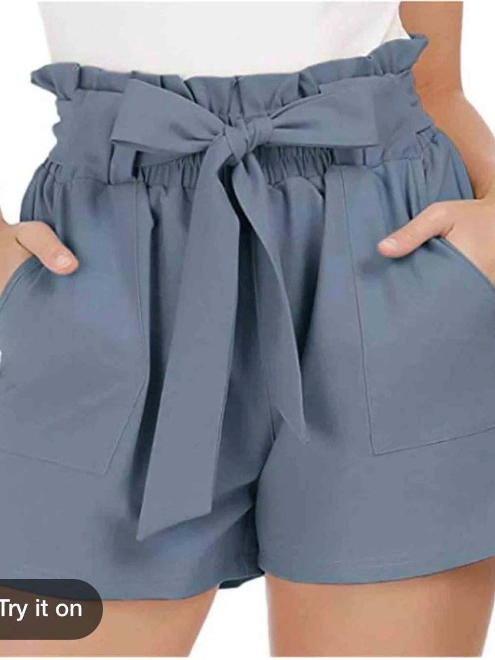 Grace Karin High-Waist Tie Front Paperbag Shorts - Slate Blue